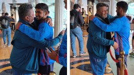 Mumbai cricket team's centurion Musheer Khan embraces his father Naushad. (EXPRESS PHOTOS)