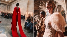 A model presents a look at the Erdem fall 2024 fashion show (left) and the Simone Rocha show (right) in London. (Simbarashe Cha/The New York Times)