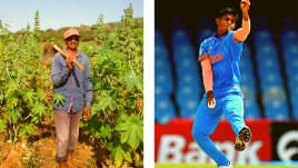 (LEFT) Raj Limbani's father Basant Patel at his farm in Dayapar in Kutch. (RIGHT) Raj bowls during the ICC U19 Cricket World Cup match against Bangladesh at Mangaung Oval in Bloemfontein, South Africa. (PHOTOS: Special Arrangement, ICC Media)