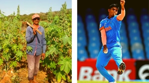 (LEFT) Raj Limbani's father Basant Patel at his farm in Dayapar in Kutch. (RIGHT) Raj bowls during the ICC U19 Cricket World Cup match against Bangladesh at Mangaung Oval in Bloemfontein, South Africa. (PHOTOS: Special Arrangement, ICC Media)