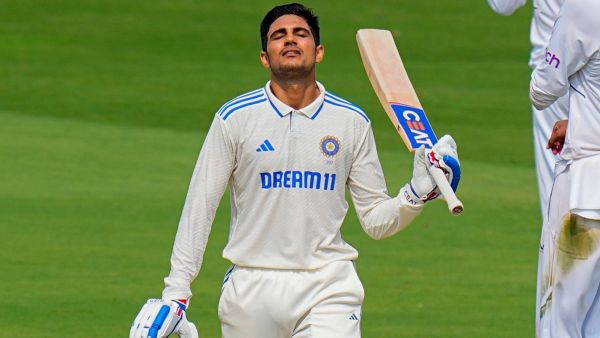 India batsman Shubman Gill celebrates his century during the third day of the second Test match between India and England at the Dr YS Rajasekhara Reddy ACA-VDCA Cricket Stadium in Visakhapatnam on Sunday.  (PTI)
