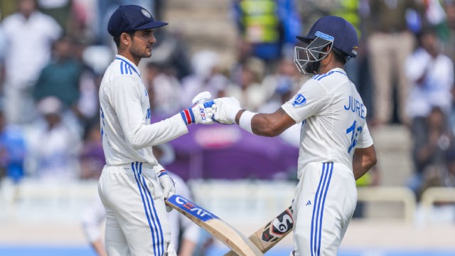 India's Shubman Gill, left and Dhruv Jurel greet each other on the fourth day of the fourth cricket test match between England and India in Ranchi, India, Monday, Feb. 26, 2024. (AP Photo)