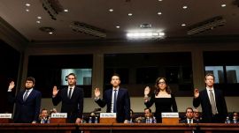 Meta's CEO Mark Zuckerberg, X Corp's CEO Linda Yaccarino,TikTok's CEO Shou Zi Chew and Discord's CEO Jason Citron are sworn in during the Senate Judiciary Committee hearing on online child sexual exploitation at the U.S. Capitol in Washington, U.S., January 31, 2024. REUTERS/Evelyn Hockstein
