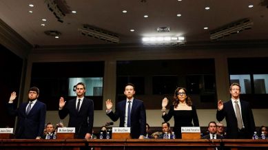 Meta's CEO Mark Zuckerberg, X Corp's CEO Linda Yaccarino,TikTok's CEO Shou Zi Chew and Discord's CEO Jason Citron are sworn in during the Senate Judiciary Committee hearing on online child sexual exploitation at the U.S. Capitol in Washington, U.S., January 31, 2024. REUTERS/Evelyn Hockstein