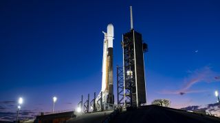 A SpaceX Falcon 9 rocket with Intuitive Machines' Odysseus lander integrated. (SpaceX via X.com)