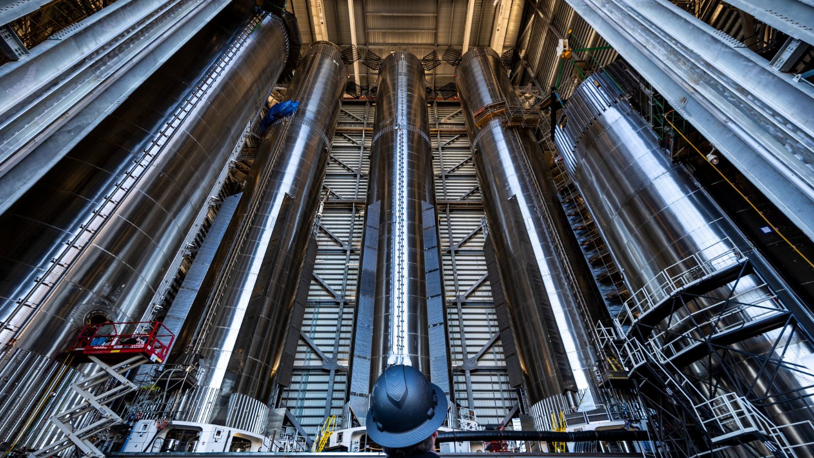 The Super Heavy boosters pictured here are the first stage of the Starship launch system.