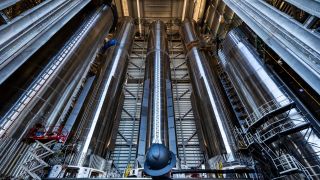 The Super Heavy boosters pictured here are the first stage of the Starship launch system.