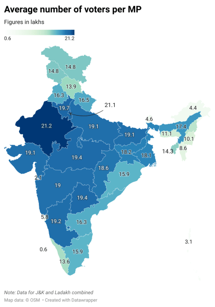 State-wise average number of voters per MP