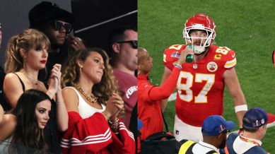 Taylor Swift, actor Blake Lively and Ashley Avignone in the stands during the game; Kansas City Chiefs' Travis Kelce takes on some fluids during the game. (Reuters)
