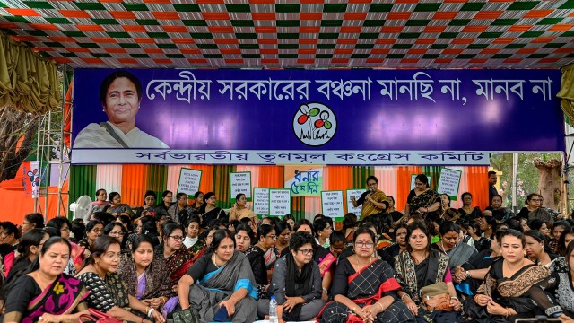 TMC protest, ED search, MGNREGA funds, MGNREGA funds release, TMC dharna, West Bengal dues clearance, BJP’s vendetta politics, west bengal ED raids, indian express news