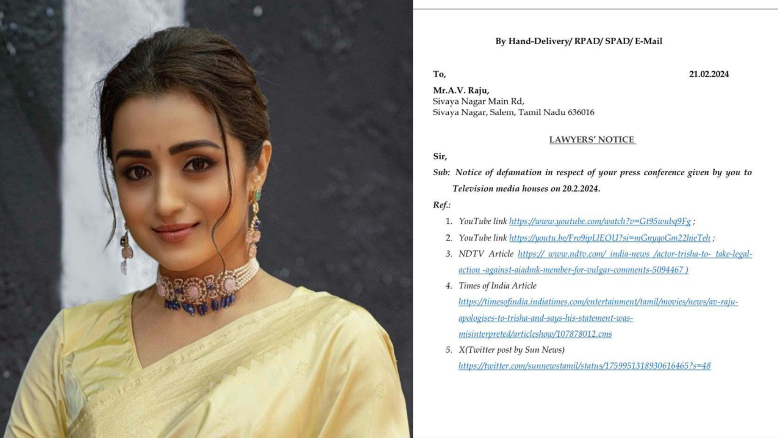 Trisha files defamation case against former AIADMK leader AV Raju ...