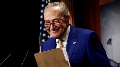 Senate Majority Leader Chuck Schumer (D-NY) holds a press conference after the Senate passed a $95 billion aid package for Ukraine, Israel and Taiwan, at the U.S. Capitol in Washington
