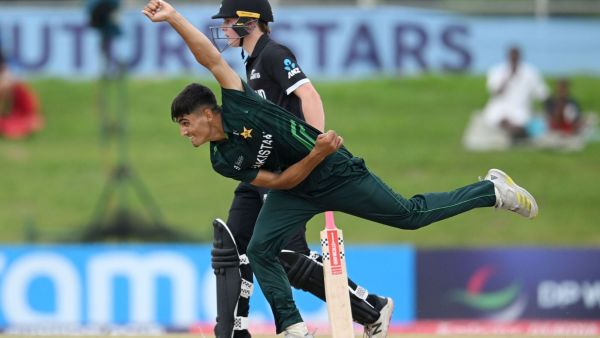 Ubaid Shah of Pakistan bowls during the ICC U19 Men's Cricket World Cup South Africa 2024 match against New Zealand at Buffalo Park in East London, South Africa. (ICC Media Zone)
