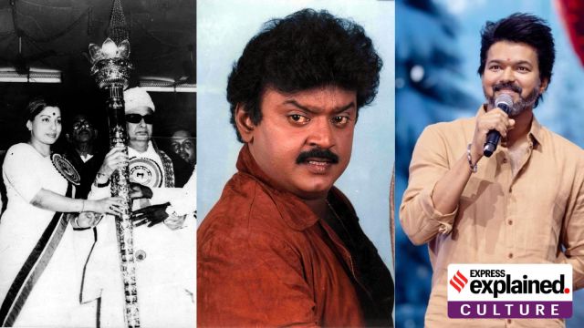 Vijay launches political party. A collages also shows Captain Vijaykanth, MGR and J Jayalalaithaa.
