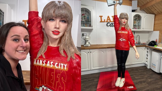Baker makes giant Taylor Swift's cake holding Super Bowl trophy