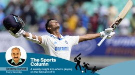 Yashasvi Jaiswal celebrates his double century on the fourth day of the third cricket test match between England and India in Rajkot, India, Sunday, Feb. 18, 2024. (AP Photo)