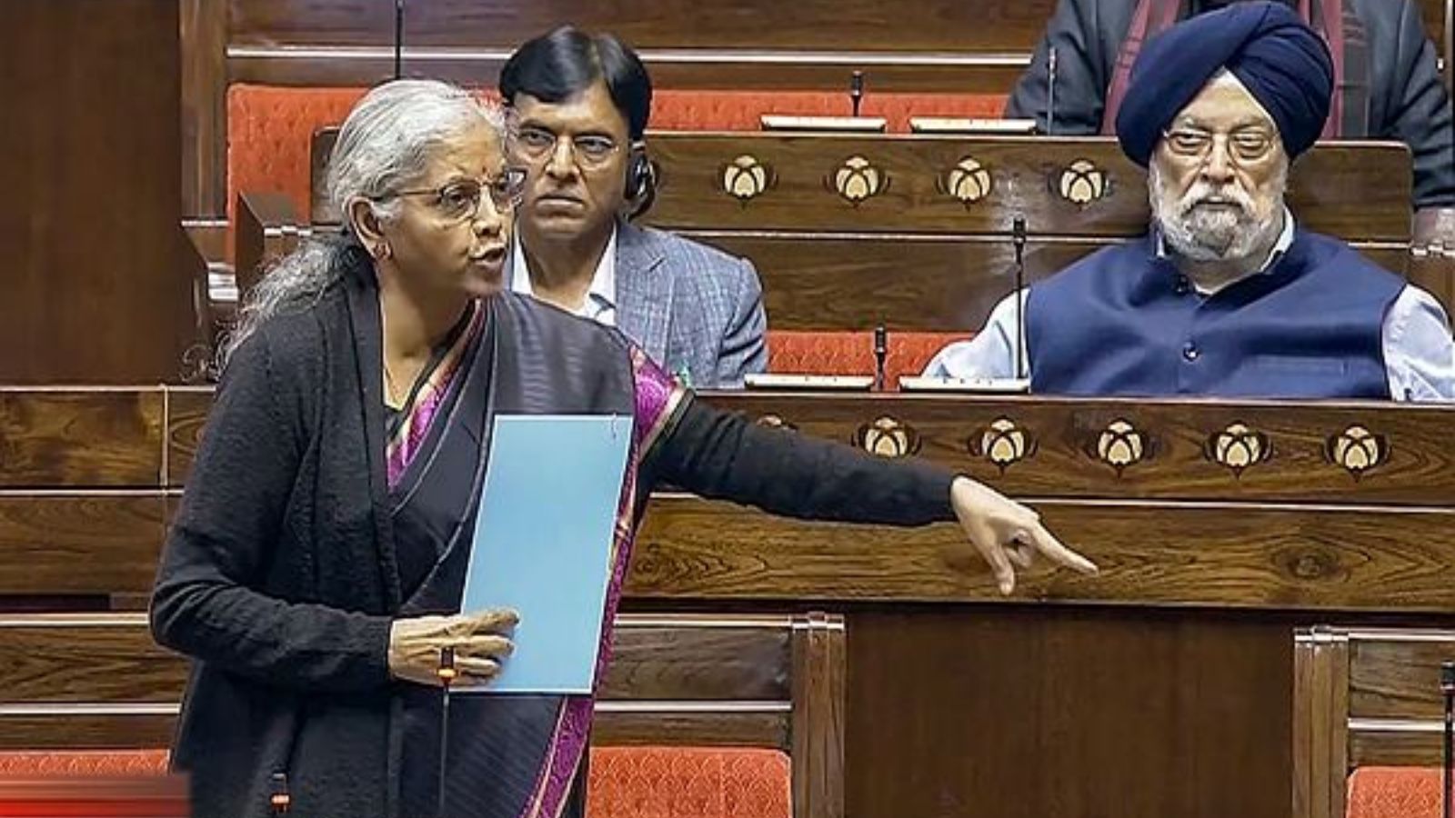 Union Finance Minister Nirmala Sitharaman speaks in the Rajya Sabha during the Budget session of Parliament