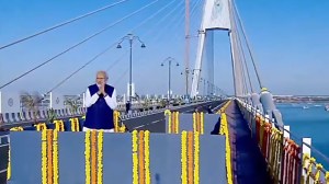 PM Modi inaugurates the Sudarshan Setu in Dwarka on Sunday. (Screengrab)