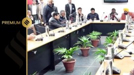 Union ministers Arjun Munda, Piyush Goyal and Nityanand Rai and Punjab CM Bhagwant Mann during the meeting with farmer leaders in Chandigarh on Sunday. (Express Photo)