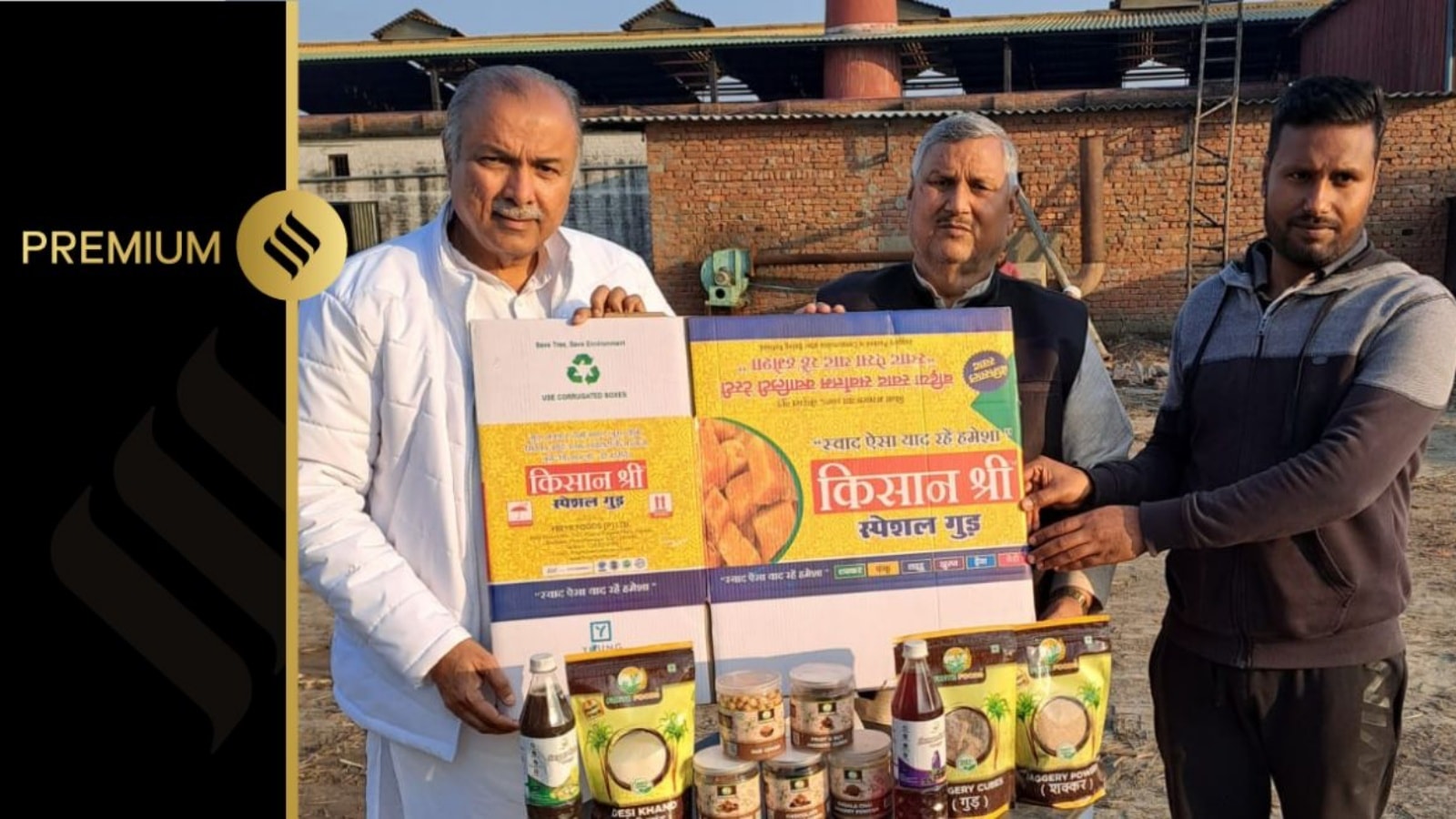 Yashpal Malik (first from left) displaying the branded gur, shakkar and value-added products from his power crusher/khandsari unit at Fugana in Muzaffarnagar district. (Express Photo by Harish Damodaran)