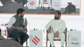Maharashtra CM Eknath Shinde in conversation with Anant Goenka , the Executive Director, The Indian Express Group at the 76th anniversary of Loksatta newspaper in Mumbai. (Screengrab)