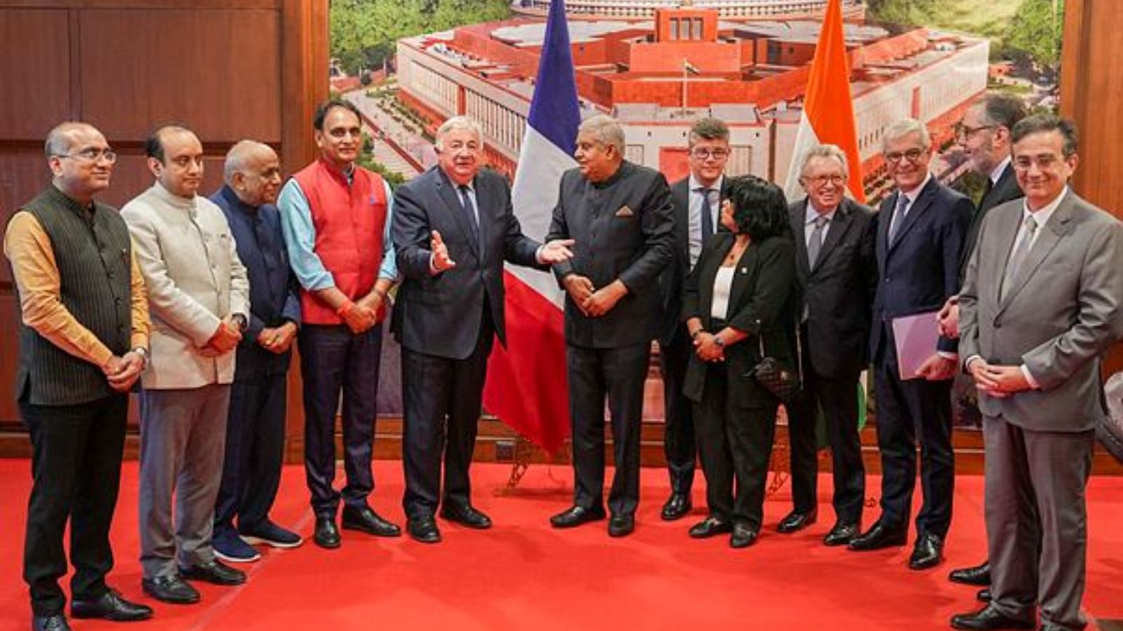 Vice President and Rajya Sabha Chairman Jagdeep Dhankhar during a meeting with President of the French Senate Gerard Larcher and his delegation, in New Delhi