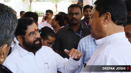 Maharashtra Chief Minister Eknath Shinde with Congress leader Nana Patole on the first day of the Budget Session