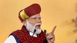 Prime Minister Narendra Modi speaks at the launch of development works, in Rajkot