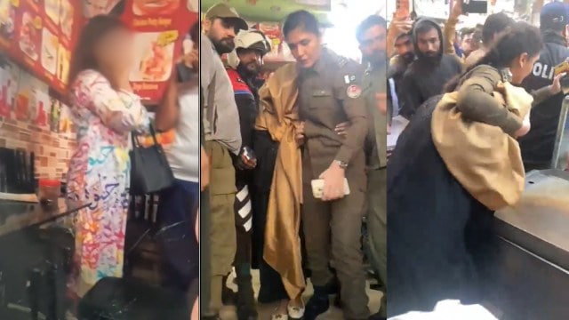 Videos, which are being widely shared on social media, show the woman wearing a white dress with a multi-coloured Arabic calligraphy print on it inside a shop in Pakistan. (Screengrabs from video via X/@OfficialDPRPP)
