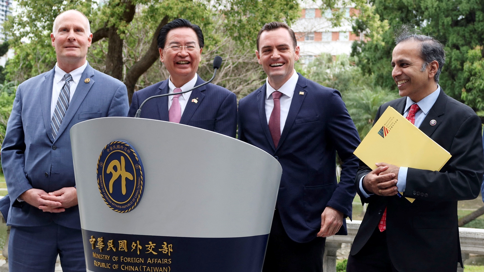 US Representative Mike Gallagher (R-WI) attends a press conference with Taiwan Foreign Minister Joseph Wu, US Ranking Member Raja Krishnamoorthi (D-IL) and US Representative John Moolenaar (R-MI) at Taipei Guest House in Taipei, Taiwan, February 22, 2024. (Reuters)