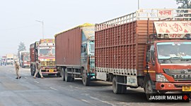 trucks parked at ambala road, heavy security, farmers protest, indian express