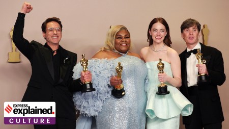 Cillian Murphy, winner of the Best Actor Oscar for "Oppenheimer", joins Emma Stone, winner of the Best Actress Oscar for "Poor Things", Da'Vine Joy Randolph, Best Supporting Actress Oscar winner for "The Holdovers", and Robert Downey Jr., Best Supporting Actor Oscar winner for "Oppenheimer", in the Oscars photo room at the 96th Academy Awards in Hollywood, Los Angeles, California, U.S., March 10, 2024.