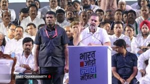 Congress leader Rahul Gandhi begins his address at the INDIA bloc rally which also marks the end of Bharat Jodo Nyay Yatra. (Express photo)