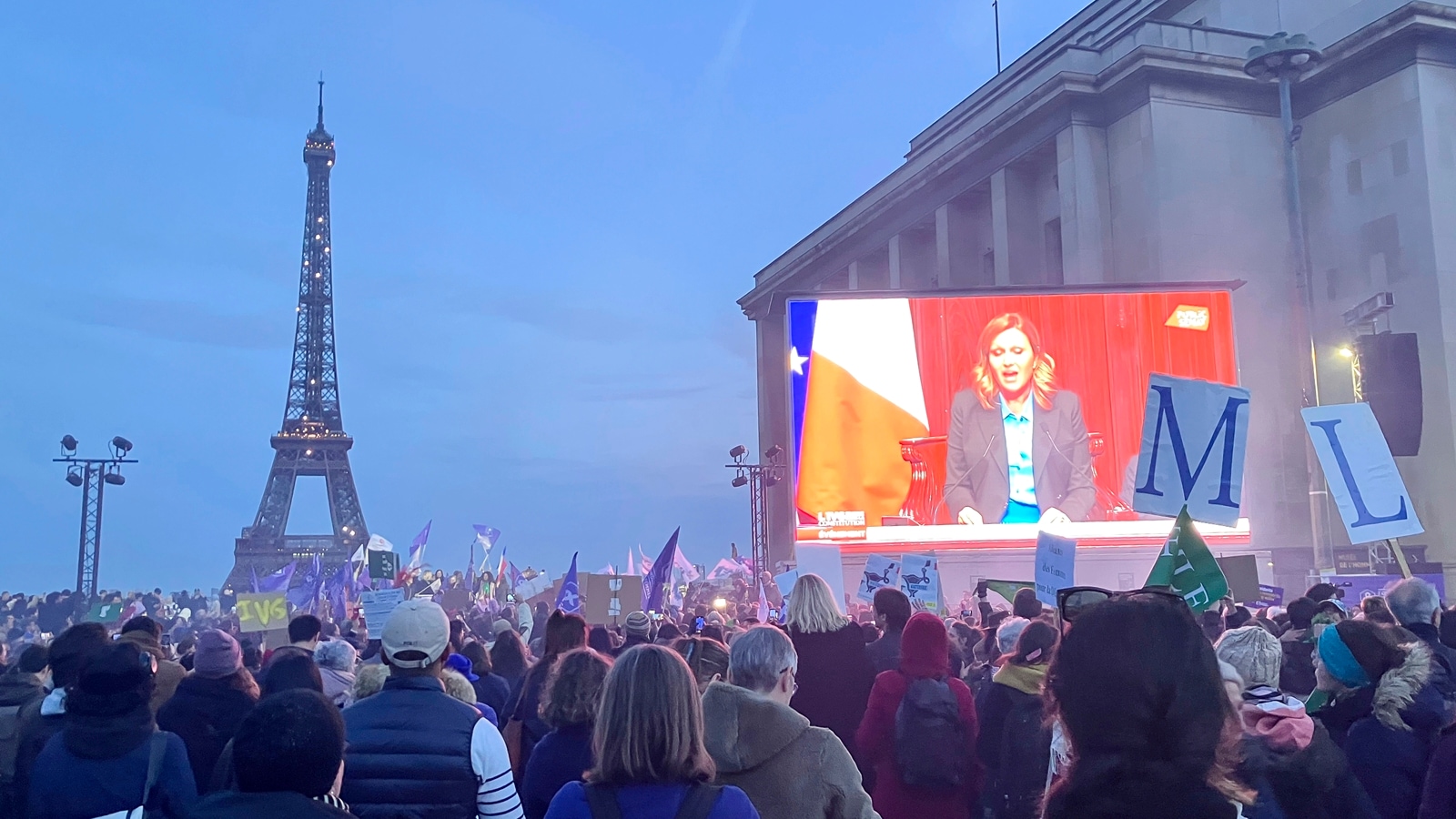 Pro-abortion supporters watch a live transmission of the congress session where French lawmakers have approved a bill that will enshrine a woman’s right to an abortion in the French Constitution, at Trocadero Plaza in Paris, Monday, March 4, 2024. The vote makes France the first country to have a constitutional right to abortion since the former Yugoslavia inscribed it in its 1974 constitution. (AP Photo/Oleg Cetinic)
