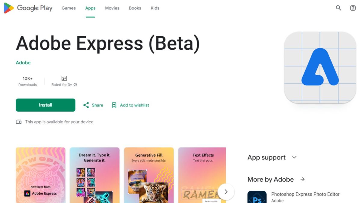 Adobe Express (beta) can be downloaded from the Google Play Store now. (Screenshot)