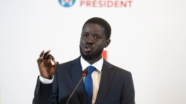 Bassirou Diomaye Faye holds a press conference after winning the presidential elections in Dakar, Senegal, March 25, 2024. (AP)