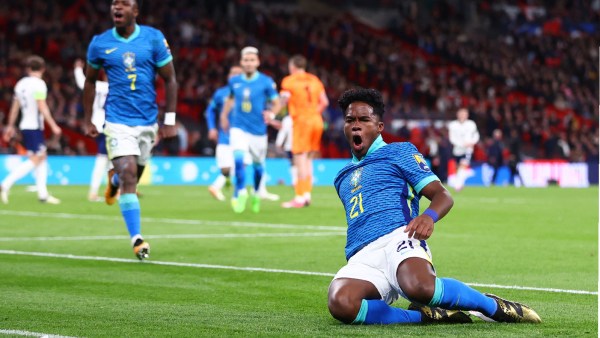 Brazil's Endrick celebrates scoring their first goal 