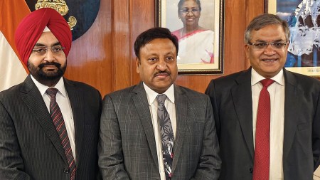 CEC Rajiv Kumar (centre) with Election Commissioners Gyanesh Kumar (right) and Sukhbir Singh Sandhu.