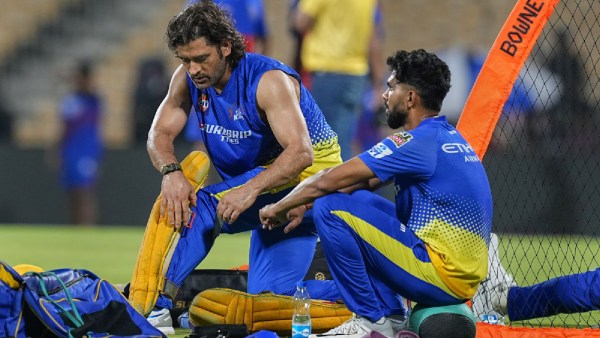 Chennai Super Kings (CSK) captain Ruturaj Gaikwad with teammate MS Dhoni during a training session ahead of the IPL 2024 match between CSK and RCB. (PTI Photo)