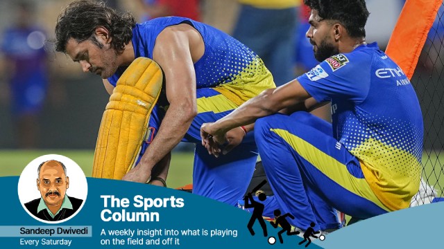 Chennai Super Kings (CSK) captain Ruturaj Gaikwad with teammate MS Dhoni during a training session ahead of the IPL 2024 match between CSK and RCB. (PTI Photo)