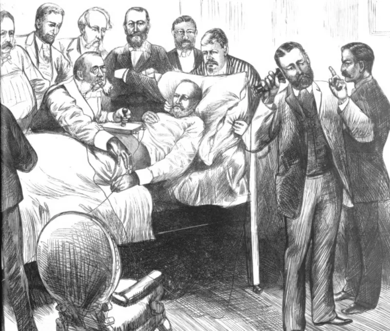 Alexander Graham Bell standing over President James Garfield's sickbed in 1881 