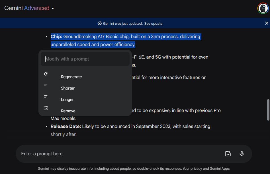 Google Gemini regenerate responses