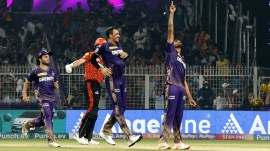 Harshit Rana celebrates with KKR teammates after helping the hosts beat SRH during an IPL 2024 match at the Eden Gardens in Kolkata. (Express photo by Partha Paul.)