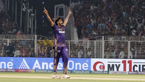 Harshit Rana celebrates with KKR teammates after helping the hosts beat SRH during an IPL 2024 match at the Eden Gardens in Kolkata. (Express photo by Partha Paul.)