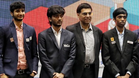 India's Candidates contenders: Indian chess masters Vidit Gujarathi,D Gukesh,Viswanathan Anand, R. Praggnandhhaa,Arjun Erigaisi and P Harikrishna at the draw of men's Tata Steel Chess India tournament in Kolkata on Monday, September 04, 2023.Express photo. by Partha Paul.