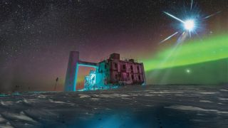 An artistic rendering of the IceCube Lab at the south pole based on a real image. (IceCube/NSF)