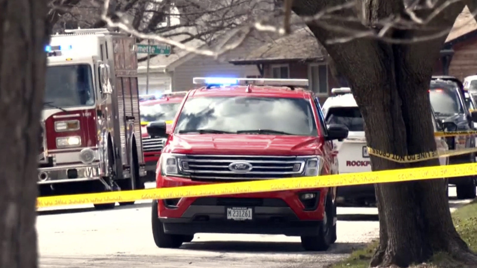 In this image taken from video provided by WTVO-TV/WQRF-TV/NewsNation. emergency personnel work at the scene on March 27, 2024, in Rockford, Illinois, where four people were killed and five were wounded in stabbings in northern Illinois. (WTVO-TV/WQRF-TV/NewsNation via AP)