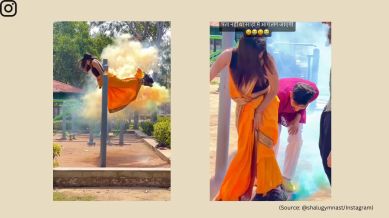 Woman's saree catches fire during somersault