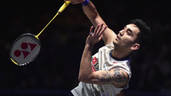 India's Lakshya Sen in action during the men's singles semi final match against Indonesia's Jonatan Christie at the All England Open Badminton Championships at the Utilita Arena in Birmingham, England, Saturday, March 16, 2024. (AP Photo)