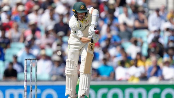 Australia's Marnus Labuschagne is hit on the glove by a ball bowled by India's Mohammed Siraj on the third day of the ICC World Test Championship Final between India and Australia at The Oval cricket ground in London, Friday, June 9, 2023. (AP Photo/Kirsty Wigglesworth)